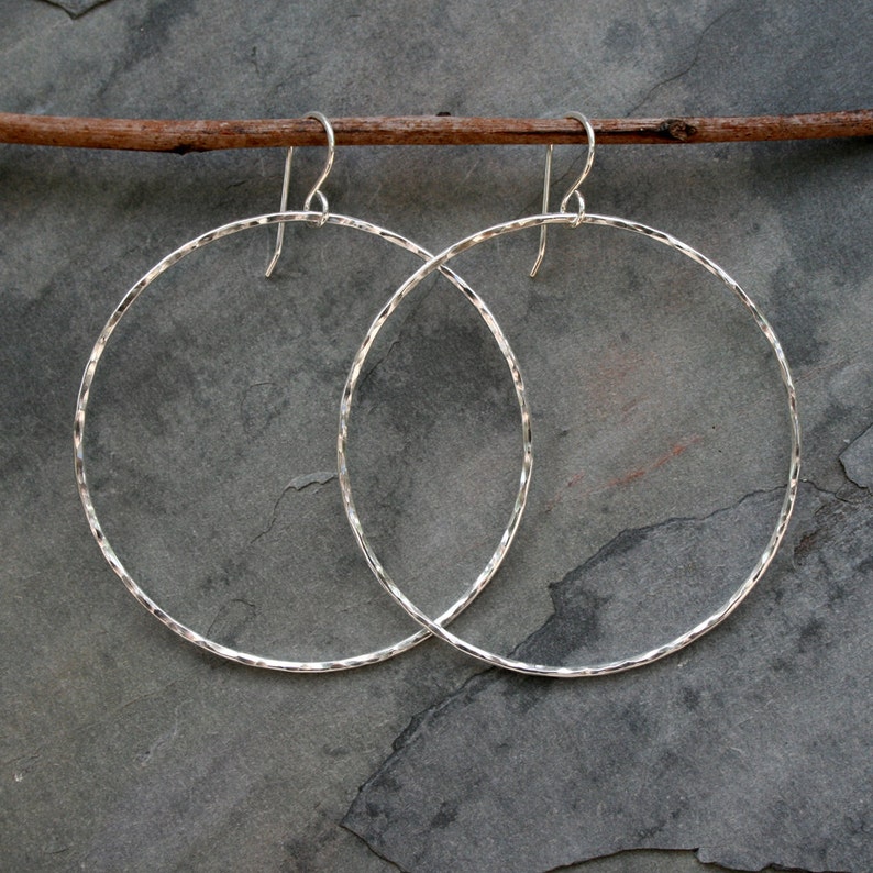 Large Eternity Earrings, Sterling Silver Hoops, Round Hoops, Hammered texture, Dangle Hoops, Round Minimalist, French Ear Wire image 3