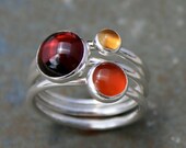 Maui Sunset Stacking Rings, Set of Three Sterling Silver Gemstone Rings, Garnet Citrine Carnelian Cabochons
