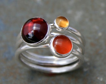 Maui Sunset Stacking Rings, Set of Three Sterling Silver Gemstone Rings, Garnet Citrine Carnelian Cabochons