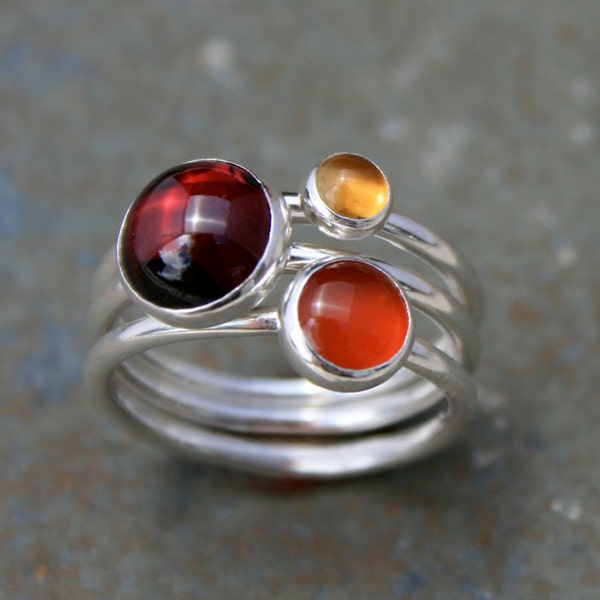 Maui Sunset Stacking Rings, Set of Three Sterling Silver Gemstone Rings, Garnet Citrine Carnelian Cabochons