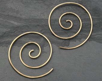 Medium 14k Gold Fill Spiral Earrings, 14 karat Gold Filled Swirl, Koru Nautilus Symbol, Size Medium Yellow Gold Fill Threader Earrings