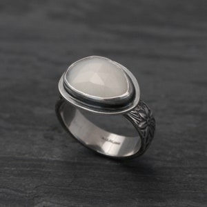 Rose Cut Moonstone Ring, Natural White Luminous Moonstone set in Sterling Silver, Floral and Spiral Etched Ring Band, One of a Kind Size 5.5 image 1