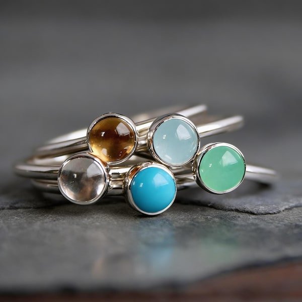 Birthstone Stacking Ring - Sterling Silver, Smooth Round 5mm Gems