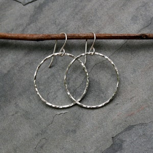 Small Eternity Hoop Earrings, Sterling Silver Hoops, Hammered Round Dangle Hoops image 2