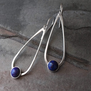 Lapis Lazuli Teardrop Earrings, Sterling Silver Gemstone Earrings, Round 8mm Midnight Blue Lapis Cabochons Dangle Drop Minimalist Earrings