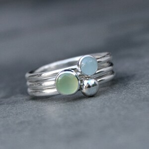 Set of Three Stacking Rings Sterling Silver & Gemstone, 5mm Prehnite, 4mm Aquamarine, 4mm Silver Gem Drop image 2