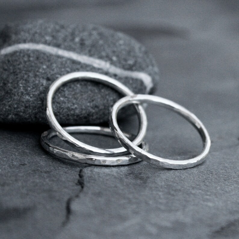 Sterling Silver Stacking Rings, Stack of Three Hammered Ring Bands, Shiny Polish Faceted Texture Finish image 2