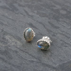 Iridescent Labradorite Earrings Sterling Silver Studs, Natural Cabochon Gemstones Post Earrings, Floral Earring Backs, Oval Labradorite Stud image 2