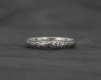 Sterling Silver Etched Ring Band, Floral Pattern, Acanthus Leaves Flowers Vines, Engagement Ring Band Promise Embossed Stacking Wedding Ring
