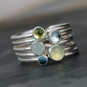 Spring Day Stacking Rings, Sterling Silver Set of Five, Greenery Prehnite, Sky Blue Topaz, Aquamarine, Peridot, Green Cabochon Stackable