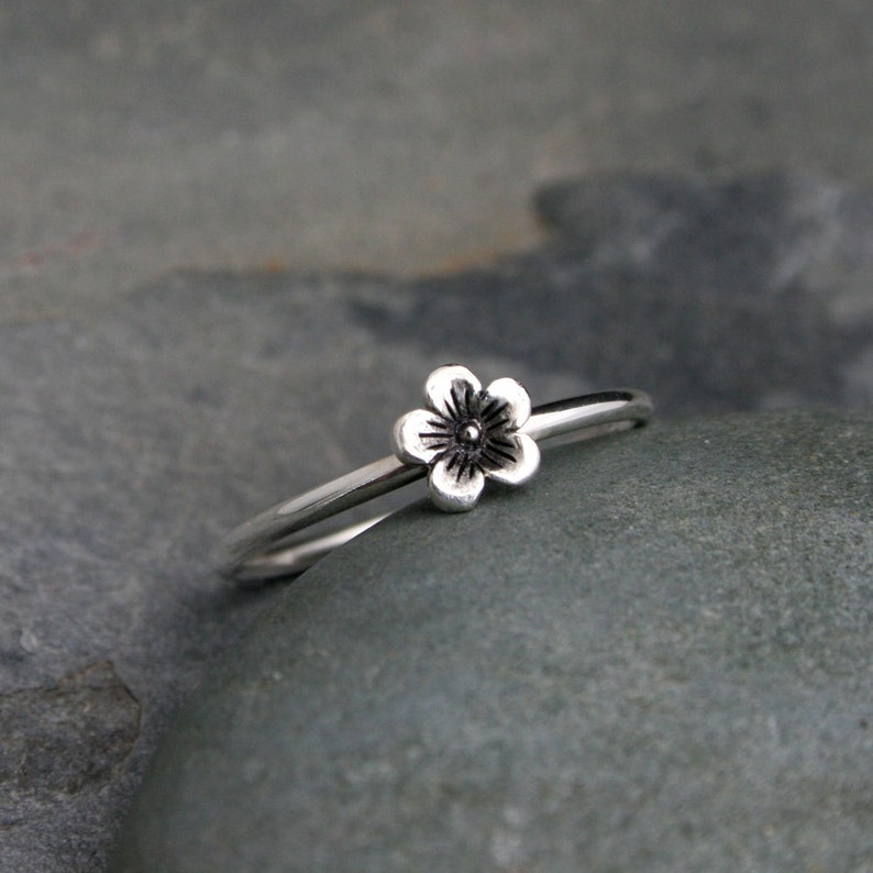 Cherry Blossom Stacking Ring Sterling Silver Flower Solitare or Stackable Ring, Botanical Jewelry Gardener Gift image 2