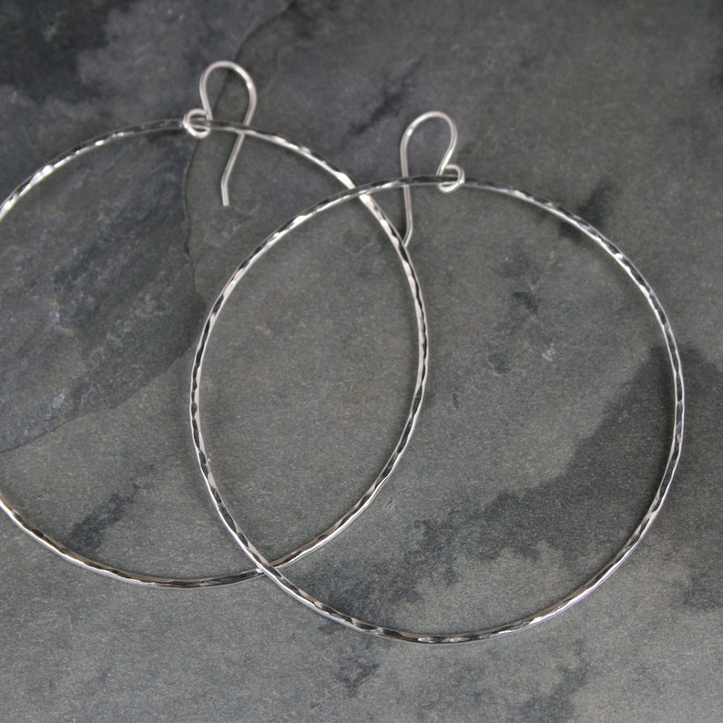 Extra Large Sterling Silver Eternity Hoop Earrings, Round Hoops, Hammered XL Dangle Hoops, Minimalist Modern Hoops, French Ear Wire image 3