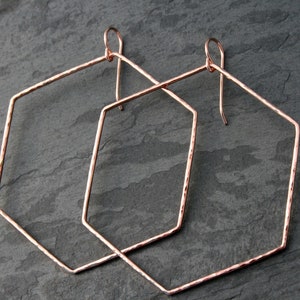 Large Rose Gold Fill Hexagon Hoop Earrings, Geometric Dangle Hoops, Minimalist Modern Hammered Hoops, LG 14k Rose Gold Filled Earrings image 3