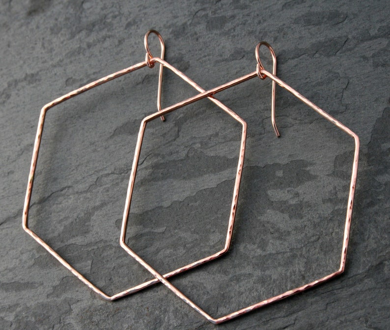 Large Rose Gold Fill Hexagon Hoop Earrings, Geometric Dangle Hoops, Minimalist Modern Hammered Hoops, LG 14k Rose Gold Filled Earrings image 3