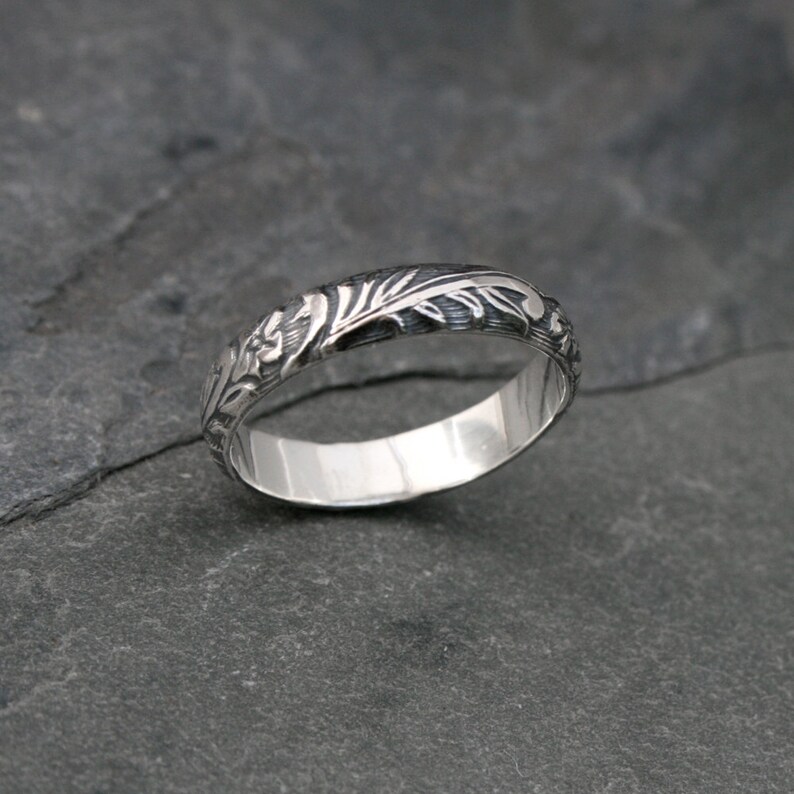 Sterling Silver Etched Ring Band Embossed Stacking Ring Etsy
