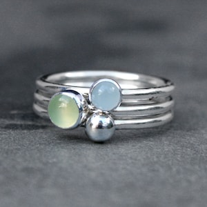 Set of Three Stacking Rings Sterling Silver & Gemstone, 5mm Prehnite, 4mm Aquamarine, 4mm Silver Gem Drop image 1