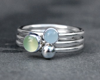 Set of Three Stacking Rings Sterling Silver & Gemstone, 5mm Prehnite, 4mm Aquamarine, 4mm Silver Gem Drop