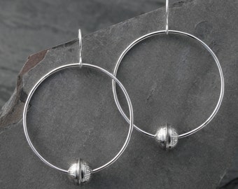 Sterling Silver Hoops, Silver Etched Bead Eternity Hoops, Dangle Hoops with Sterling Silver Ear Wires, Summer Love