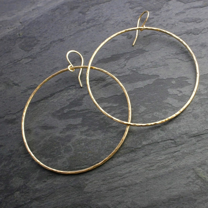 Large Eternity Earrings, 14k Gold Filled Hoops, Round Hammered Texture Dangle Hoops 14 Karat Yellow Gold Filled Round Minimalist Ear Wire image 2