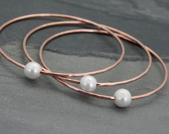 Rose Gold Fill Bangles, Set of Three Bracelets, Natural Pearl Stackable Bracelets, Luminous White Round Freshwater Pearls