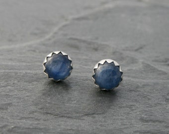 Kyanite Sterling Silver Stud Earrings, Luminous Blue Gemstone Earrings, 6mm Kyanite Cabochons set in Solid .925 Sterling Silver