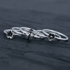 Garden Botanical Stacking Rings, Sterling Silver Set of 5 Rings, Lucky Ladybug & Spring Flowers, Gardener Gift image 3