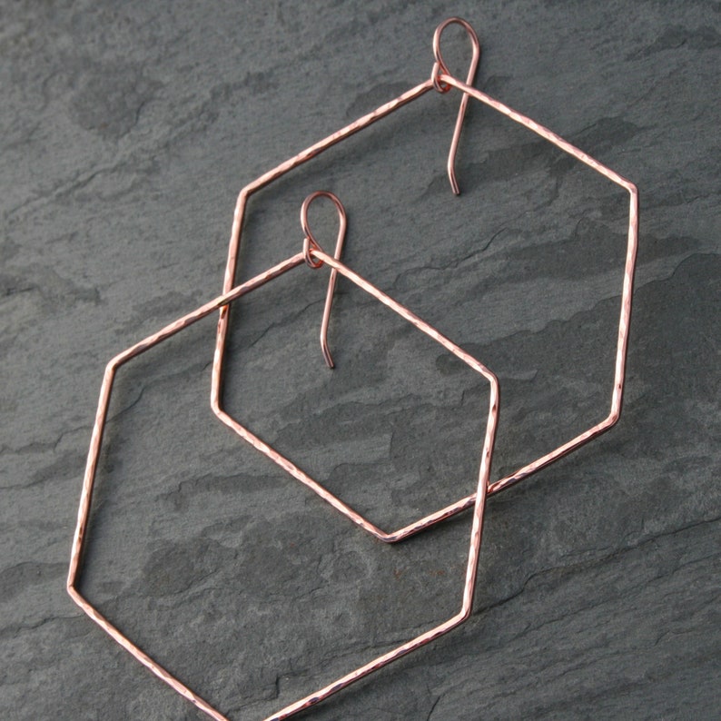 Large Rose Gold Fill Hexagon Hoop Earrings, Geometric Dangle Hoops, Minimalist Modern Hammered Hoops, LG 14k Rose Gold Filled Earrings image 2