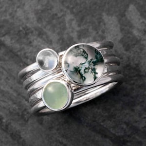 Anillos apilables de ágata musgosa, juego de cinco anillos apilables de plata esterlina, anillos con piedras preciosas de ágata musgosa, aventurina y cabujón de piedra lunar.