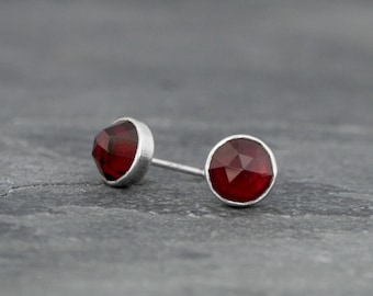 Rose Cut Garnet Sterling Silver Stud Earrings, Deep Red Scarlet Garnet Gemstone Earrings, 6mm Pair of Garnets in Solid .925 Sterling Silver