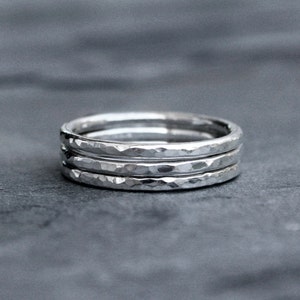 Sterling Silver Stacking Rings, Stack of Three Hammered Ring Bands, Shiny Polish Faceted Texture Finish image 1