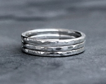 Sterling Silver Stacking Rings, Stack of Three Hammered Ring Bands, Shiny Polish Faceted Texture Finish