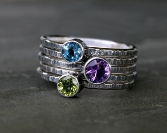 Sterling Silver Stacking Rings, Amethyst Swiss Blue Topaz Peridot, Faceted Stackable Set of Five, Hammered Oxidized
