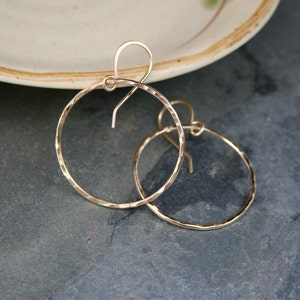 Small Eternity Earrings, 14k Gold Filled Hoops, Round Hoops, Hammered Yellow 14 Karat Gold Filled, Dangle Hoop, image 1