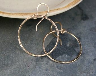 Small Eternity Earrings, 14k Gold Filled Hoops, Round Hoops, Hammered Yellow 14 Karat Gold Filled, Dangle Hoop,