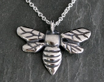 Honey Bee Pendant, Sterling Silver Necklace, Artisan Handmade Charm, 16 or 18 Inch Solid Sterling Silver Chain