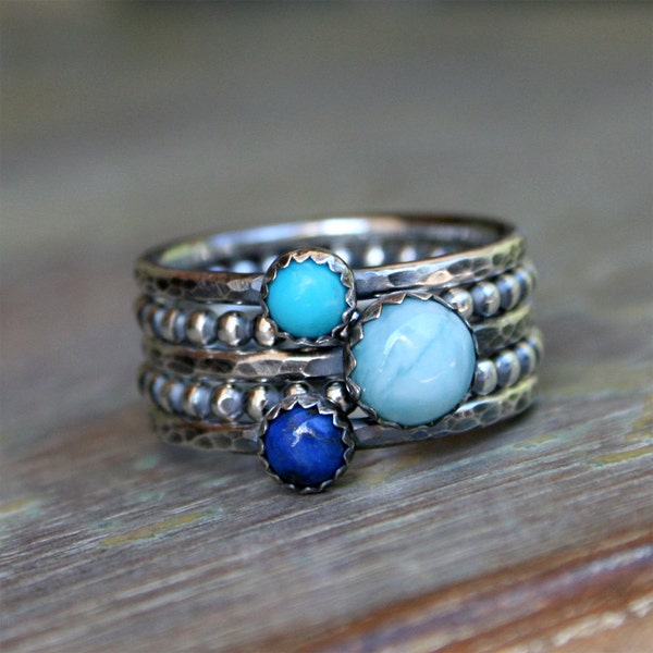 Larimar stapelen ringen, stapelbare ringen van Sterling Zilver, turkoois, Lapis Lazuli en Larimar Cabochon, Set van vijf ringen, Smooth & kraal Band