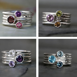 Conjunto de anillos apilables: Plata de ley con piedras preciosas facetadas - Personalizable