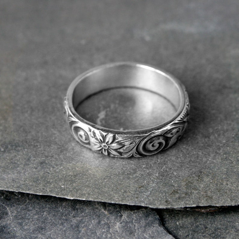 Flower Spiral Sterling Silver Ring Band, Etched Patterned Stacking Ring, Floral Swirl Pattern, Wedding, Engagement, Promise image 2