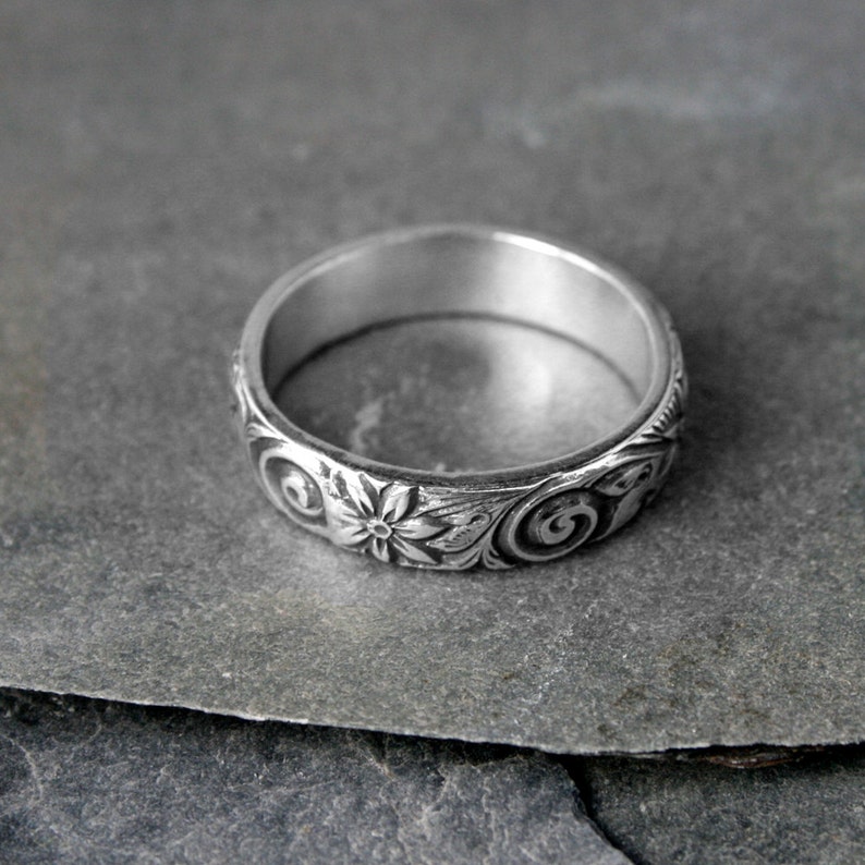 Flower Spiral Sterling Silver Ring Band Etched Patterned - Etsy