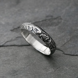 Sterling Silver Floral Etched Ring Band: Embossed Stacking Ring