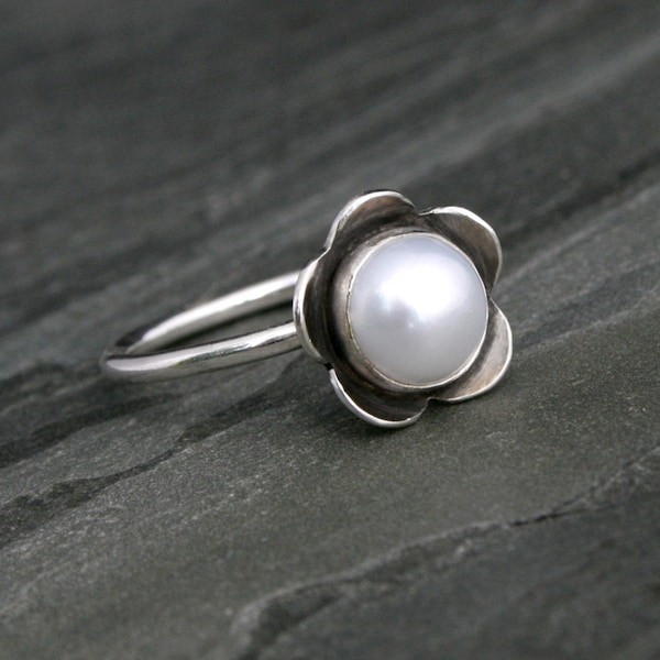 Pearl Flower Ring, Solid Sterling Silver, White Pearl, Handmade Ring, Metalsmith, Bloom Ring, Wear Alone or Stack with Other Rings