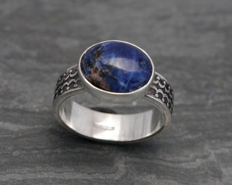 Blue Planet Sodalite Sterling Silver Ring, Denim Blue Oval Cabochon, Scallop Dot Design Wide Ring Band - Choose Your Stone