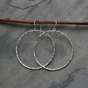 Medium Eternity Earrings, Sterling Silver Hoops, Round Hoops, Hammered texture, Dangle Hoops, Round Minimalist, French Ear Wire image 2