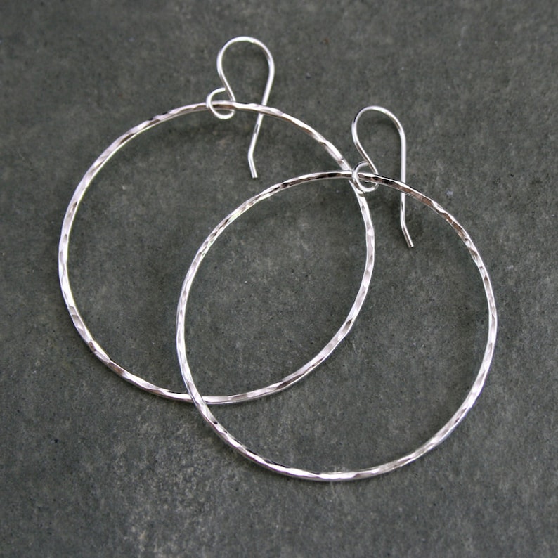 Medium Eternity Earrings, Sterling Silver Hoops, Round Hoops, Hammered texture, Dangle Hoops, Round Minimalist, French Ear Wire image 4