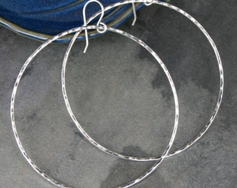 Extra Large Sterling Silver Eternity Hoop Earrings, Round Hoops, Hammered XL Dangle Hoops, Minimalist Modern Hoops, French Ear Wire