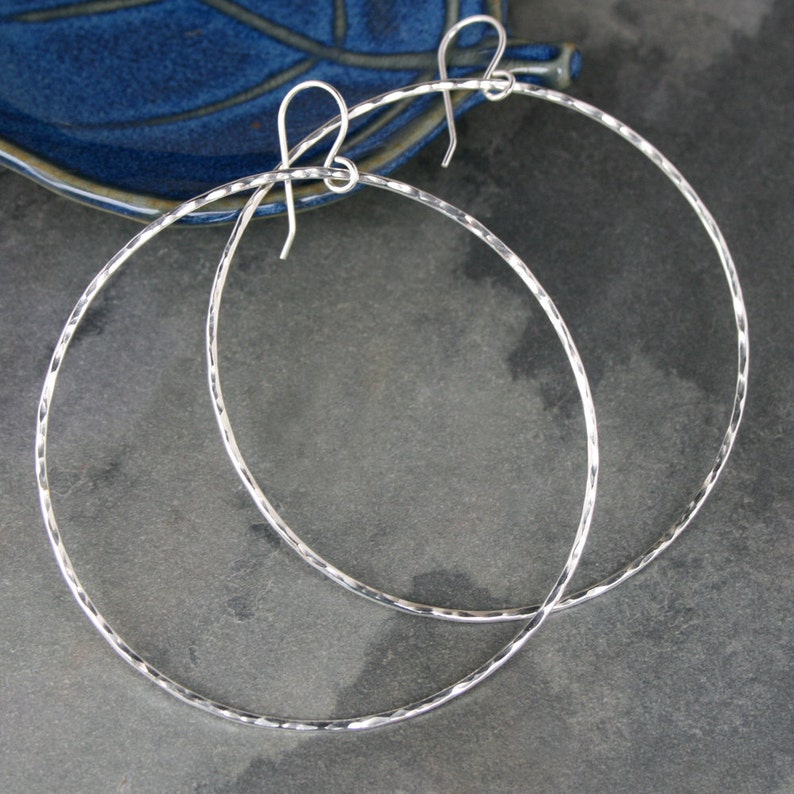 Extra Large Sterling Silver Eternity Hoop Earrings, Round Hoops, Hammered XL Dangle Hoops, Minimalist Modern Hoops, French Ear Wire image 1