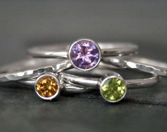 Spring Meadow Stacking Rings, Set of Five Sterling Silver Rings, Lavender Amethyst, Citrine & Peridot Faceted Gemstones