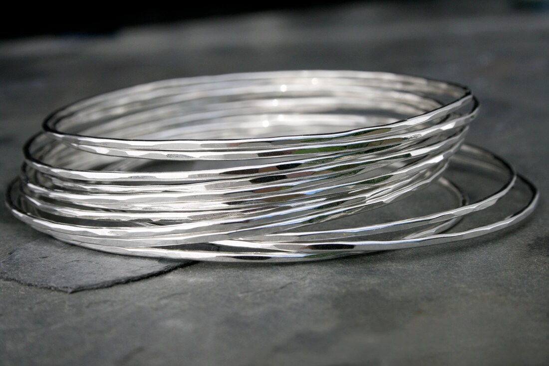 12 Skinny Sterling Silver Bangles Set of Twelve Stacking 