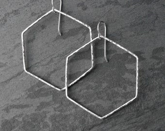 Medium Sterling Silver Hexagon Hoop Earrings, Geometric Dangle Hoops, Solid Sterling Silver Minimalist Modern Hammered Hoops