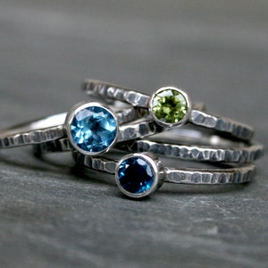 Island Colors Stacking Rings Sterling Silver, Faceted London & Swiss Blue Topaz Peridot, Stackable Set of Five Rings, Oxidized Rustic Finish